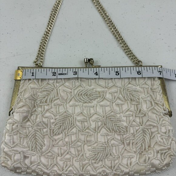 Vtg Mister Ernest Handbag Purse Clutch White Beaded Gold Clasp Gold Chain Prom - Picture 11 of 16